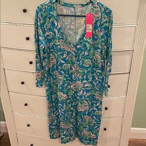 Lilly Pulitzer Teal Floral Shift Dress with Pink and Green Accents